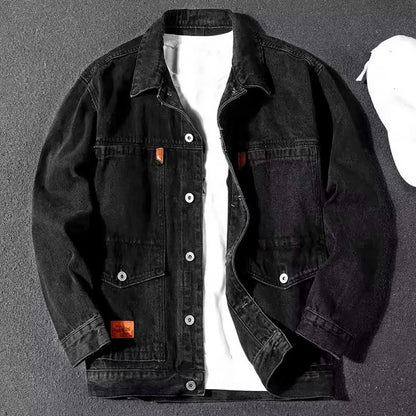 Trendy Denim Jacket Turn-down Collar Men Coat Long Sleeves Mid Length Spring Denim Coat  Thermal