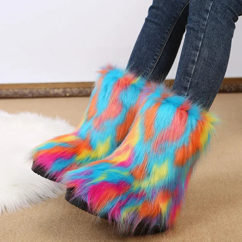 Fashionable Colored Plush Snow Boots Women Winter New Fox Long Hair Comfortable Cotton Shoes Anti Slip Wear-resistant Flat Shoes