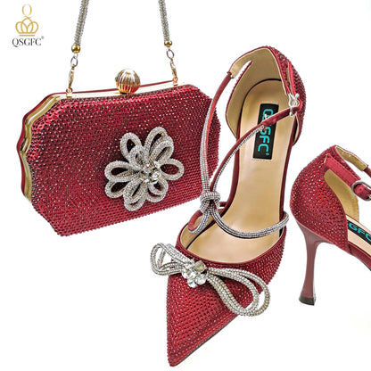 QSGFC Latest Party Women's Shoes and Bags Set Pointed Toe High Heels Full Upper Inlaid D.Purple Color Rhinestones