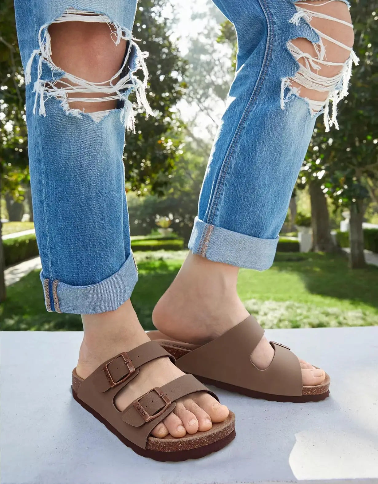 Crestar Classic Women's Cork Slippers Fashion Double Buckle Outdoor Beach Sandal Cork Footbed Leather Sandals Unisex Clogs Shoes