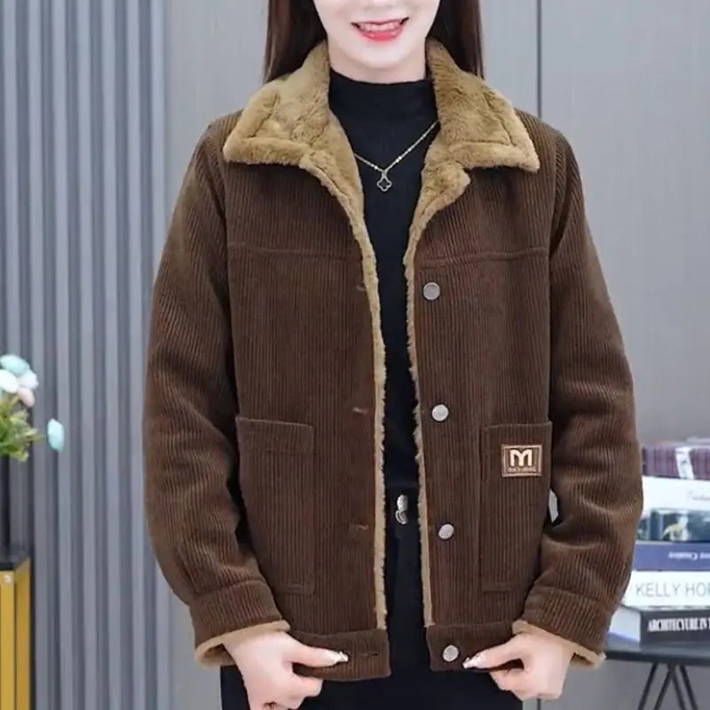 Middle-aged Mother Coat 40 to 50 Years Old 2025 New Fashionable Plus Velvet Warm Corduroy Coat for Women