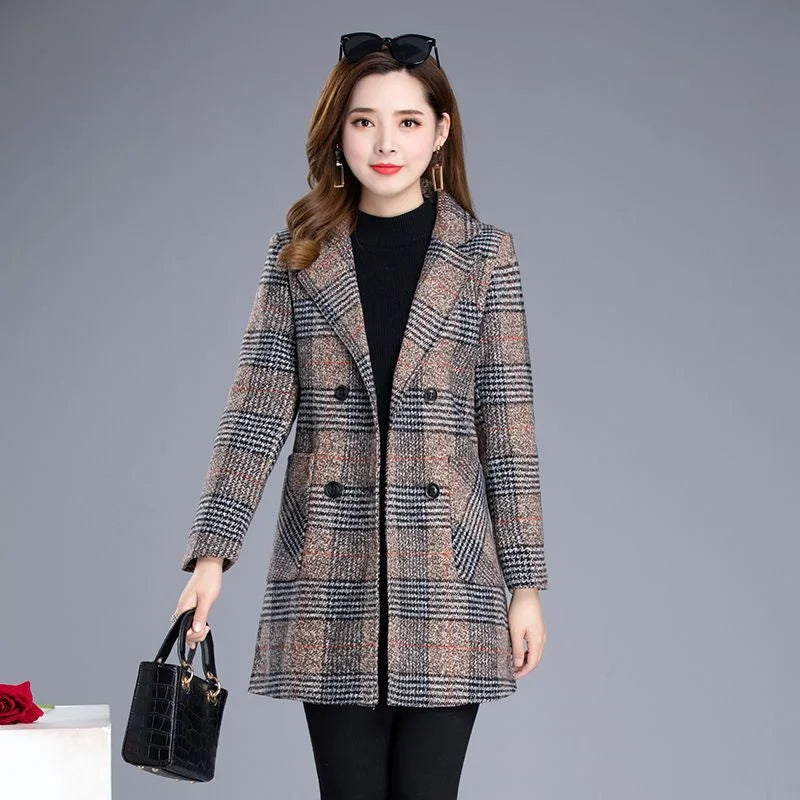 2025 Woolen Coat Women's Autumn Winter Middle-aged Plaid Woolen Blended Coat Elegant Slim Women Jacket Outerwear Overcoat Female