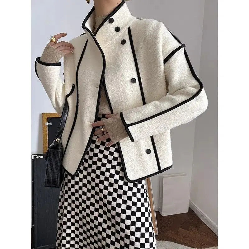 New Women's Double-Sided Woolen Coat Autumn Winter Loose Short Cardigan Outerwear Female Casual Stand-up Collar Jacket Top 3XL