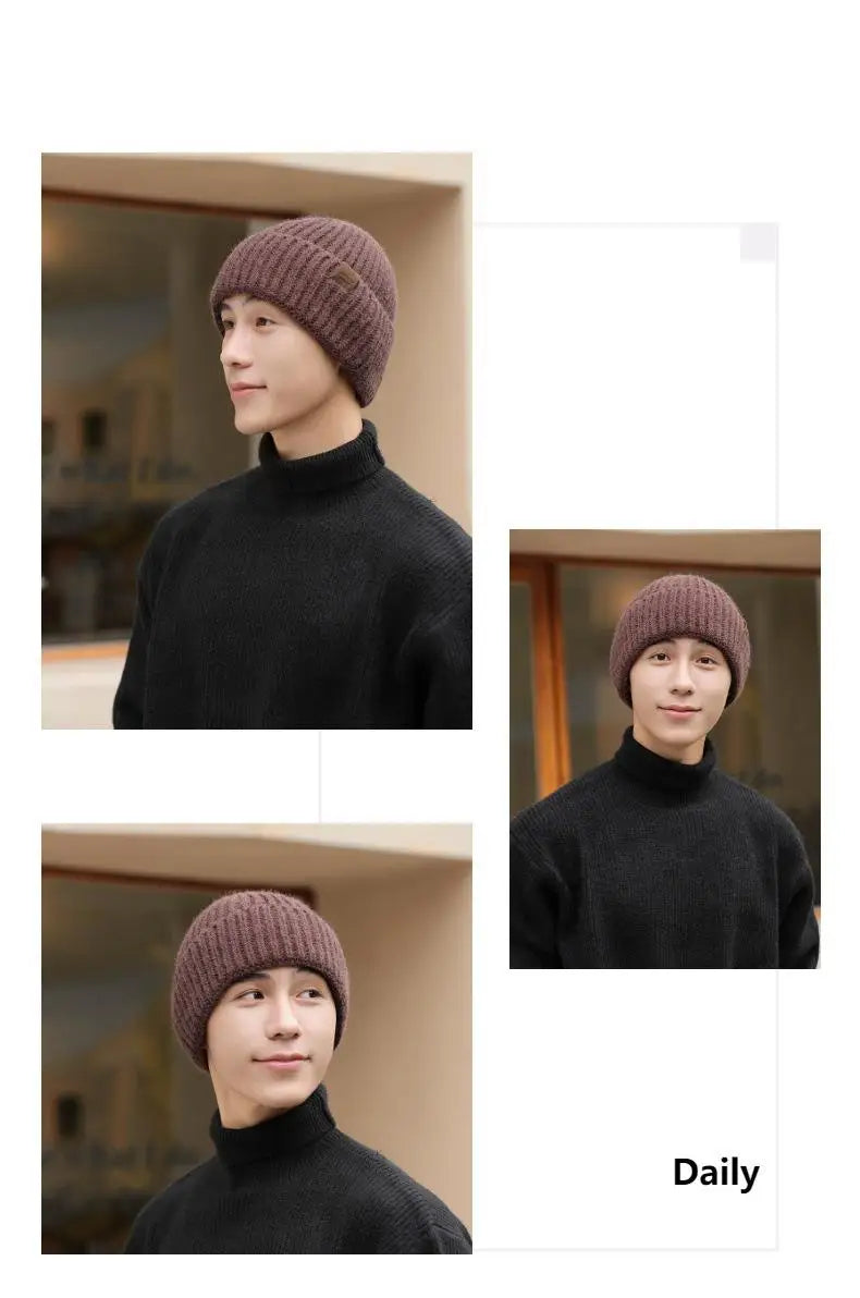 Winter Hats For Men Thickened Knitted Beanie Ear Protection Solid Color Cold Hat Keep Warm Baggy Cap Male Korean Elastic New