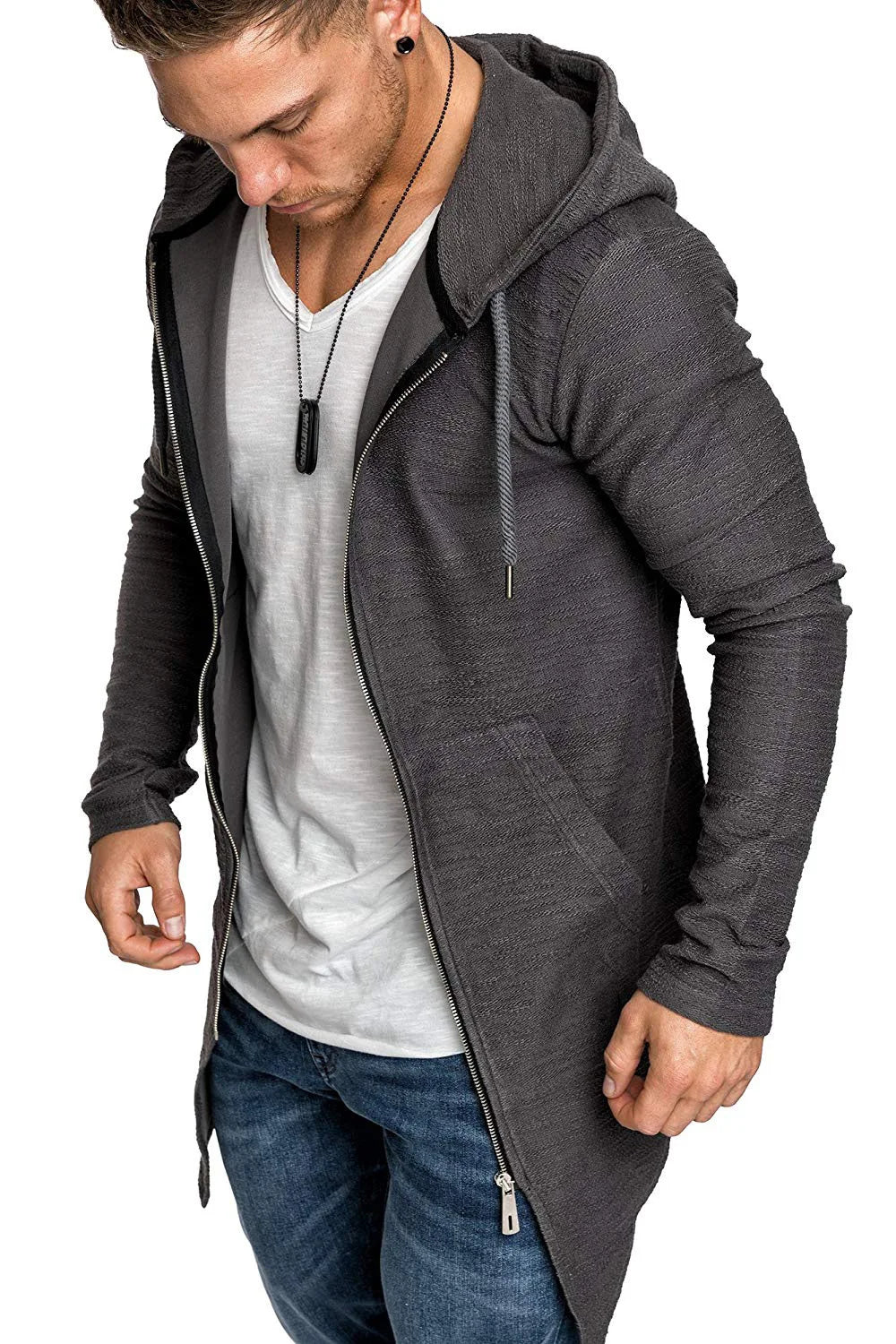 Men's Coat Solid Color Slim Casual Long Spring Cardigan Jacket Zipper Thin Long Sleeve Hooded Windbreaker Coat for Autumn Winter