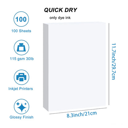 100 Sheets A4 Glossy Single-Sided Photo Paper 115gsm for Inkjet Printing - Premium Quality Photo Printing Paper Sheets