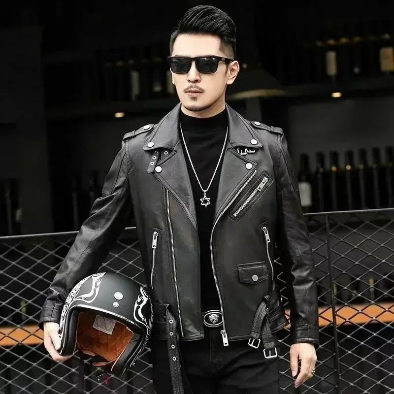 Men Outdoor Sport Leather Jacket Motorcycle Cool Coat Jacket Men Lapel Leather Jackets Mens Fashion Clothing Real Leather Coat