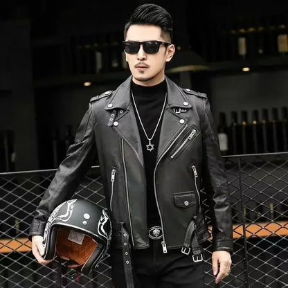 Men Outdoor Sport Leather Jacket Motorcycle Cool Coat Jacket Men Lapel Leather Jackets Mens Fashion Clothing Real Leather Coat