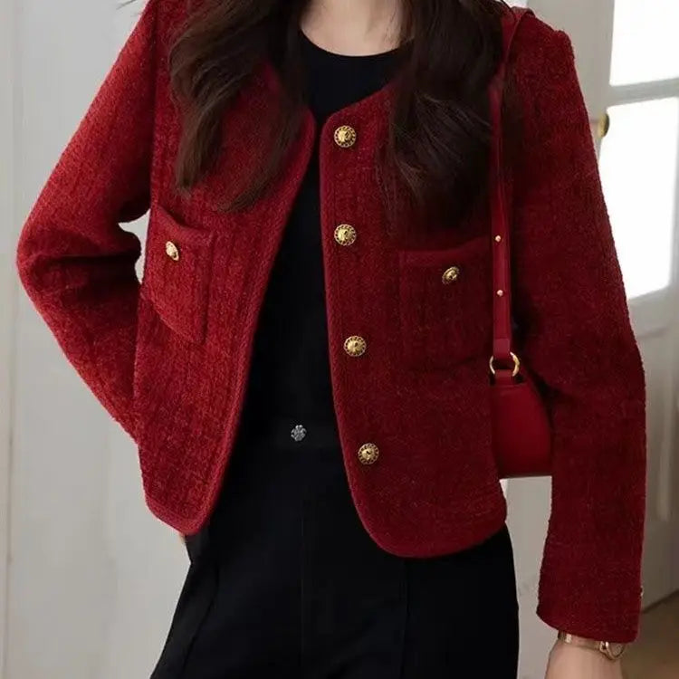 2025 New Burgundy Coat for Women in Autumn and Winter French Temperament Versatile Tweed Versatile Top