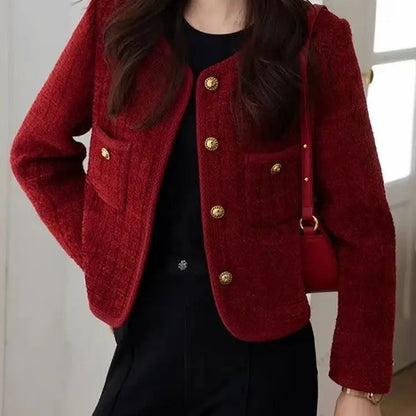2025 New Burgundy Coat for Women in Autumn and Winter French Temperament Versatile Tweed Versatile Top
