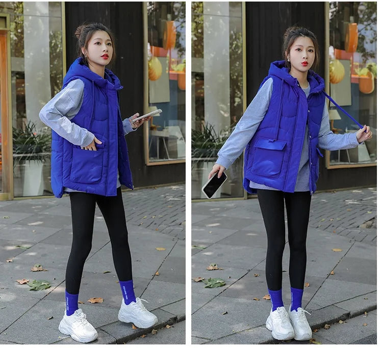 Women's Autumn Hooded Vest Coat 2025 New Short Down Cotton Padded Jacket Sleeveless Female Winter Waistcoat Warm Snow Wear Vests