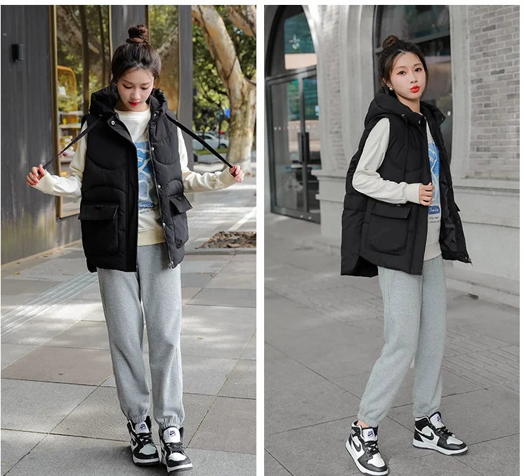 Women's Autumn Hooded Vest Coat 2025 New Short Down Cotton Padded Jacket Sleeveless Female Winter Waistcoat Warm Snow Wear Vests