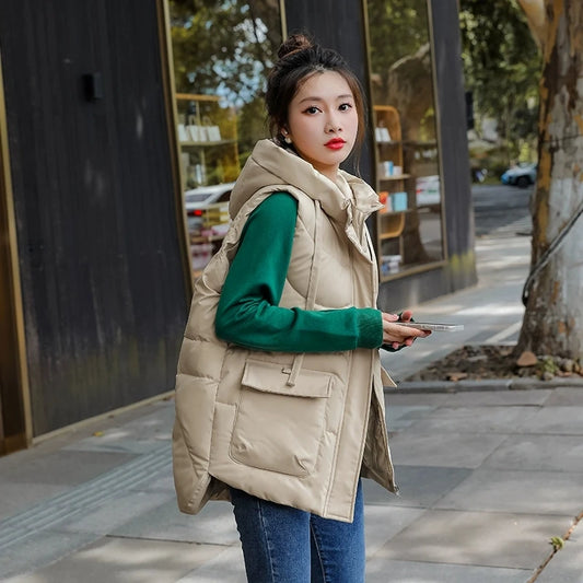 Women's Autumn Hooded Vest Coat 2025 New Short Down Cotton Padded Jacket Sleeveless Female Winter Waistcoat Warm Snow Wear Vests