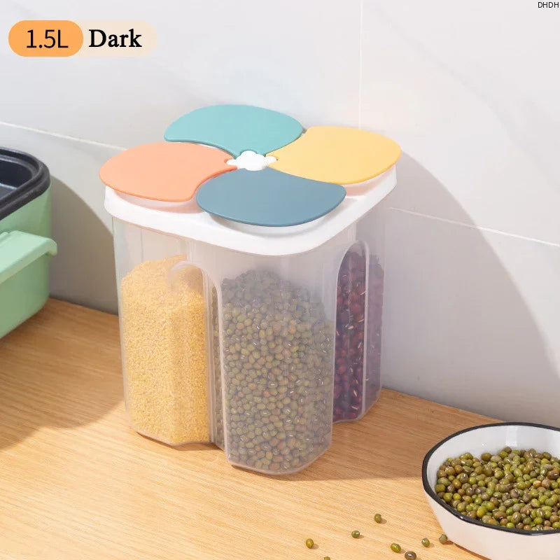 Upgrade Model Kitchen Cereals Storage Box Plastic 4 Grids Cereals Sealed Jar Food Container Moisture-proof Grain Tank