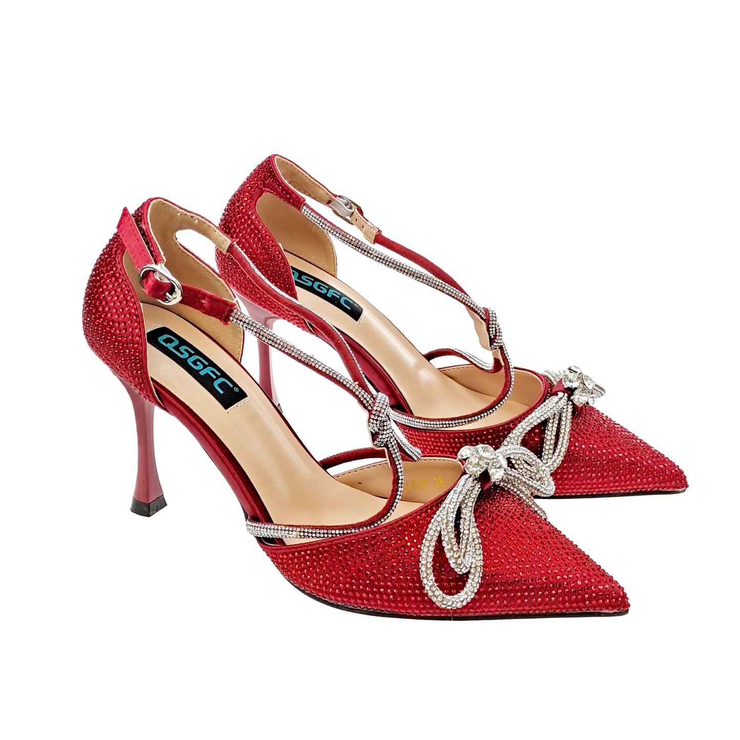 QSGFC Latest Party Women's Shoes and Bags Set Pointed Toe High Heels Full Upper Inlaid D.Purple Color Rhinestones