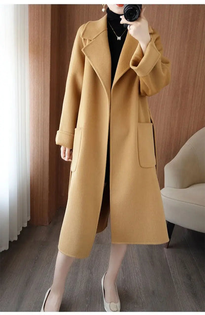 100% Wool Coat Women's Wear 2025 Autumn/Winter Fashion Temperament Double sided Cashmere Coats with Belt Elegant Long Overcoat