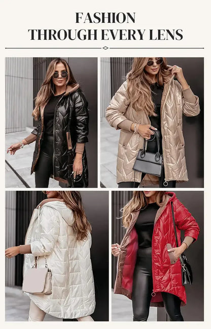 Hot Women's Warm Winter Coat Hooded Cotton Jacket Mid Long Winter Warm Coat with Pockets with High-Low Hem