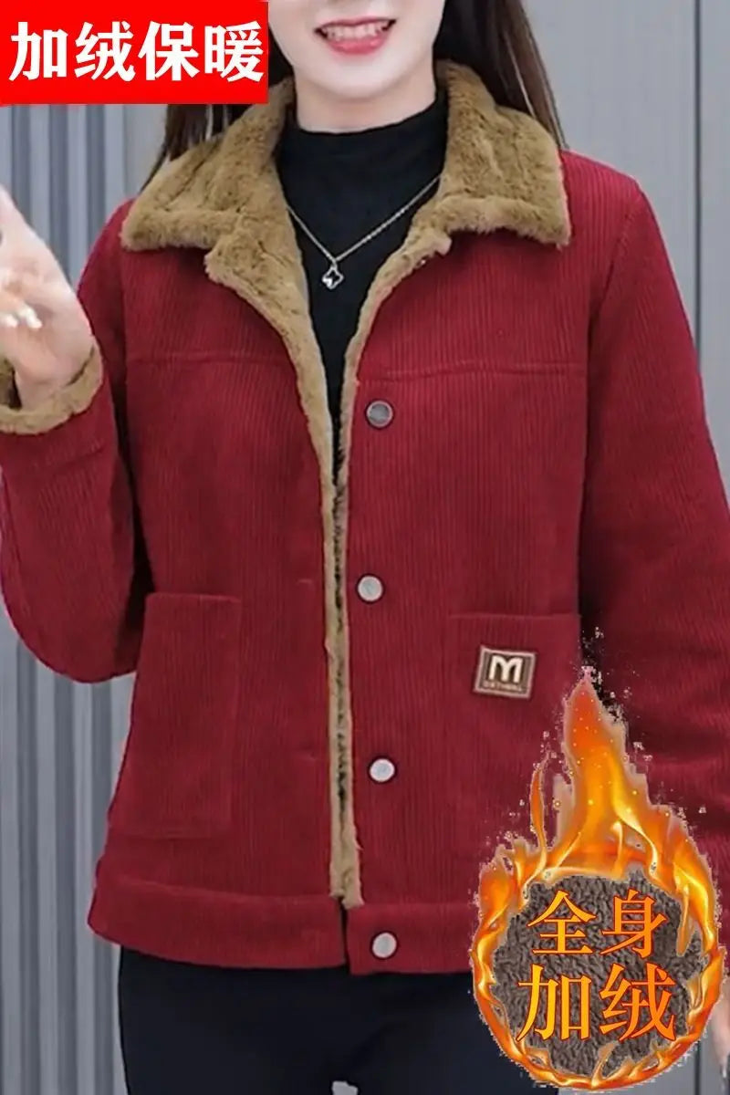 Middle-aged Mother Coat 40 to 50 Years Old 2025 New Fashionable Plus Velvet Warm Corduroy Coat for Women