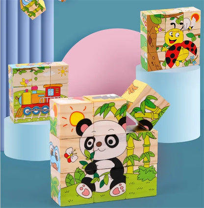 Early Learning Educational Toys Baby Wooden Blocks Toys Animal Fruit Traffic Cognize Children Six Side Cube Jigsaw Puzzles Game