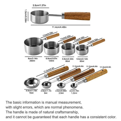 1/4/8Pcs Measuring Cup Spoon Sets Stainless Steel Wooden Handle Coffee Flour Scoop Bartending Scale Kitchen Cooking Gadget Sets
