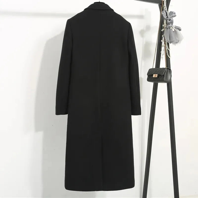 Women's Classic Black Woolen Coat Female Mid-Length Jacket New Korean Version Thicken Woolen Blend Overcoat Autumn Winter