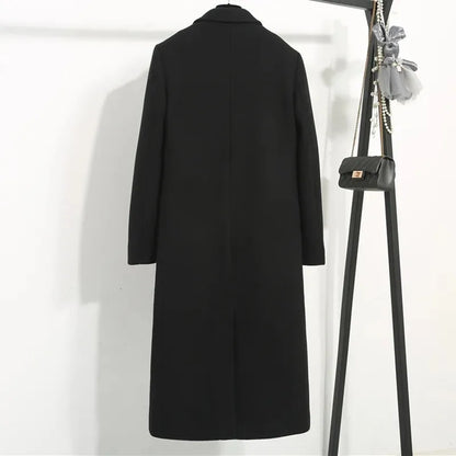 Women's Classic Black Woolen Coat Female Mid-Length Jacket New Korean Version Thicken Woolen Blend Overcoat Autumn Winter