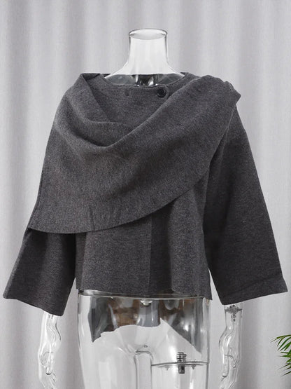 Knitted Short Coat Jacket Shawl Fashion Loose Casual Sleeved Coat Autumn Lady Cape Scarf Collar Outwear Pullover Sweater