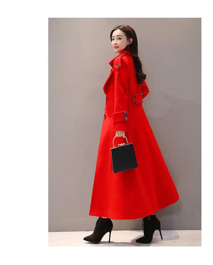 Women's Long Woolen Coat 2023 Spring Autumn New Korean Waist Slimming Over-Knee Thick Keep Warm Woolen Coat Lady Overcoat