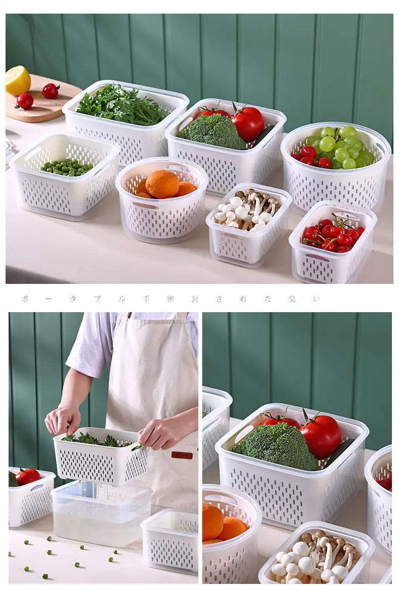 Refrigerator Storage Box Fridge Organizer Fresh Vegetable Fruit Boxes Drain Basket Storage Containers Pantry Kitchen Organizer