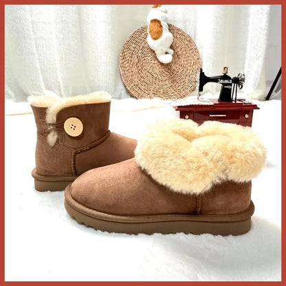 One button low cut, high-end quality 2-in-1 genuine leather, real wool, sheepskin fashionable and warm chestnut thick snow boots
