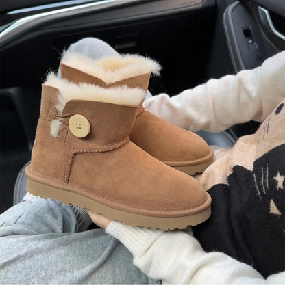 One button low cut, high-end quality 2-in-1 genuine leather, real wool, sheepskin fashionable and warm chestnut thick snow boots