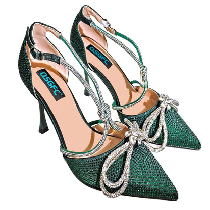 QSGFC Latest Party Women's Shoes and Bags Set Pointed Toe High Heels Full Upper Inlaid D.Purple Color Rhinestones