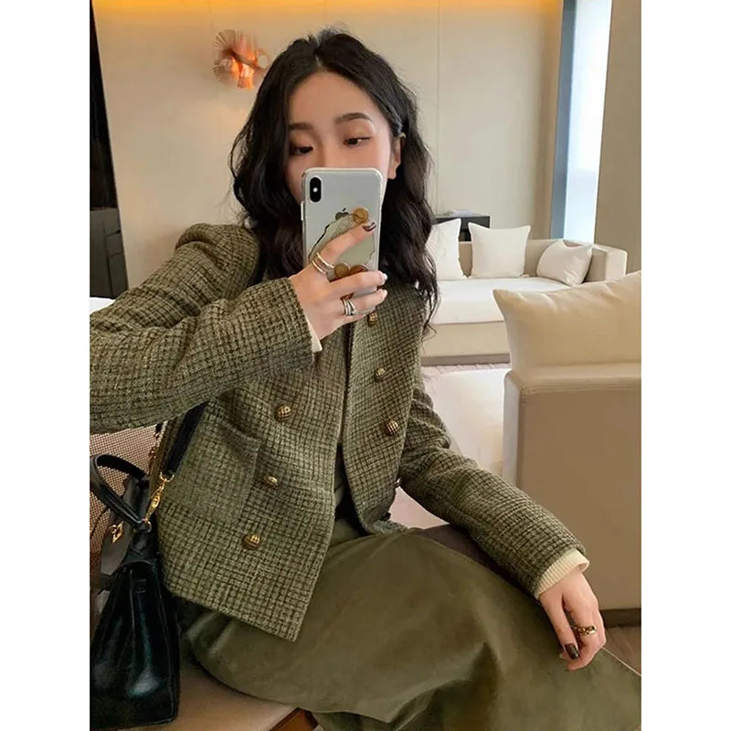 Vintage French Style Cropped Coat Women Korean Fashion Double-Breasted Tweed Jackets Ladies Streetwear Y2K Round Collar Outwear