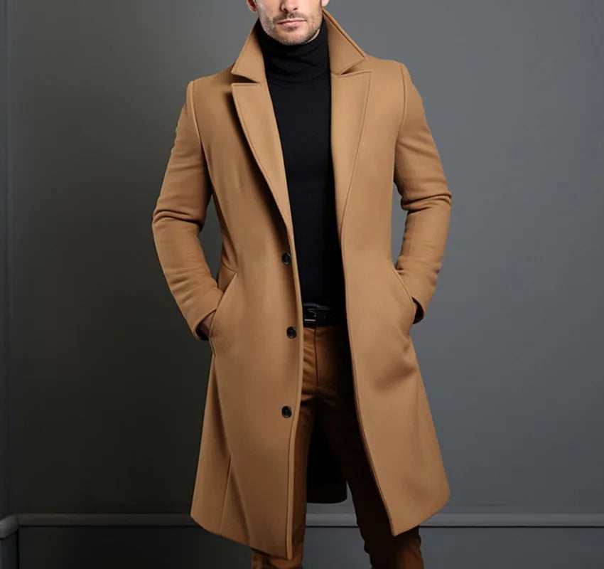 2025 New Woolen Coat for Men Mid to Long Solid Color High-end Minimalist Autumn and Winter Woolen Coat Warm Youth Coat