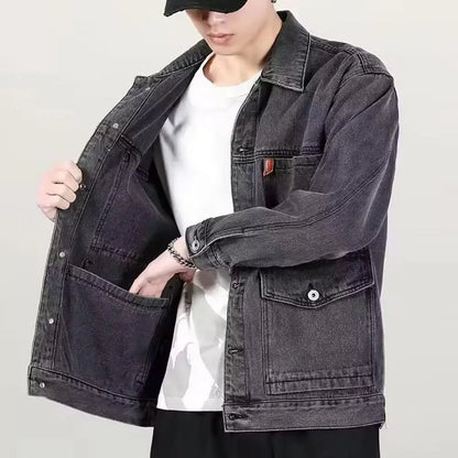 Trendy Denim Jacket Turn-down Collar Men Coat Long Sleeves Mid Length Spring Denim Coat  Thermal