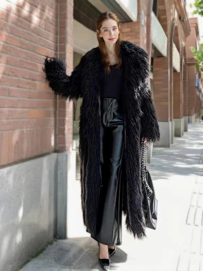 Women'S Elegant Long Faux Fur Coat -  Casual & Comfortable with Pockets, Perfect for Fall/Winter Outdoor Wear, Stylish Long Coat