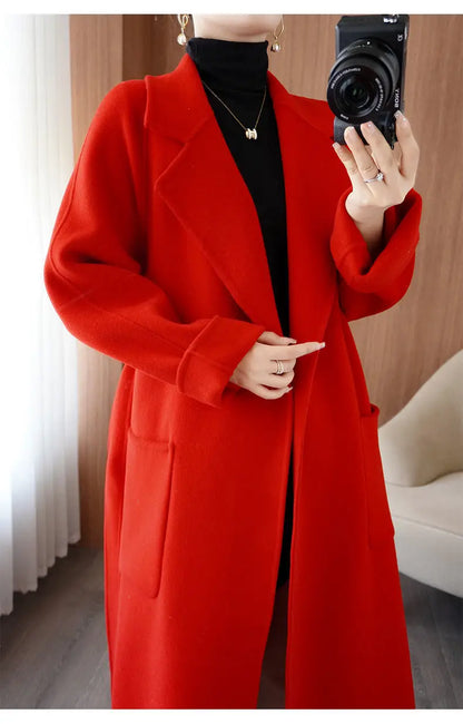 100% Wool Coat Women's Wear 2025 Autumn/Winter Fashion Temperament Double sided Cashmere Coats with Belt Elegant Long Overcoat