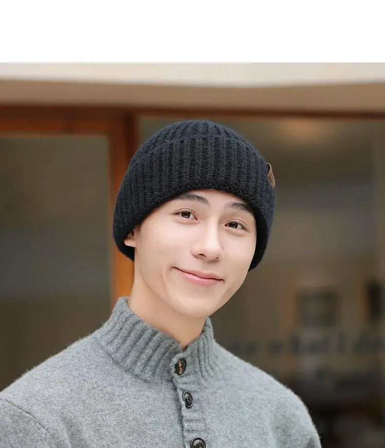 Winter Hats For Men Thickened Knitted Beanie Ear Protection Solid Color Cold Hat Keep Warm Baggy Cap Male Korean Elastic New