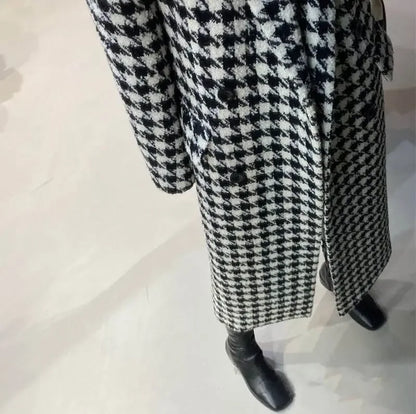 Women Autumn Winter Woolen Coat 2025 New Women Double Breasted Coat Korean Houndstooth Mid-Length Woolen Coat Lady Winter Jacket