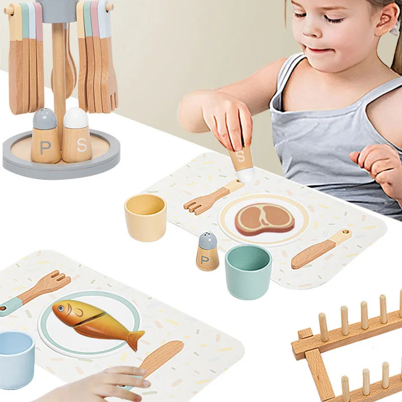Children Early Education Wooden Tablewear Simulation Restaurant Knife Fork Cup Dish Spoon Western Food Kitchenware Set Wood Toys