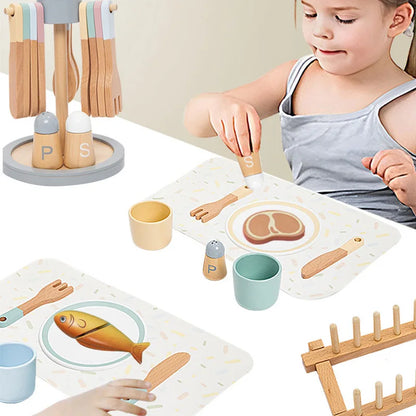 Children Early Education Wooden Tablewear Simulation Restaurant Knife Fork Cup Dish Spoon Western Food Kitchenware Set Wood Toys
