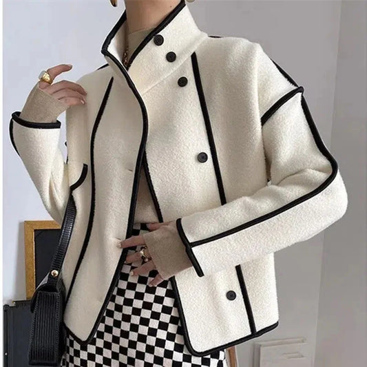 New Women's Double-Sided Woolen Coat Autumn Winter Loose Short Cardigan Outerwear Female Casual Stand-up Collar Jacket Top 3XL