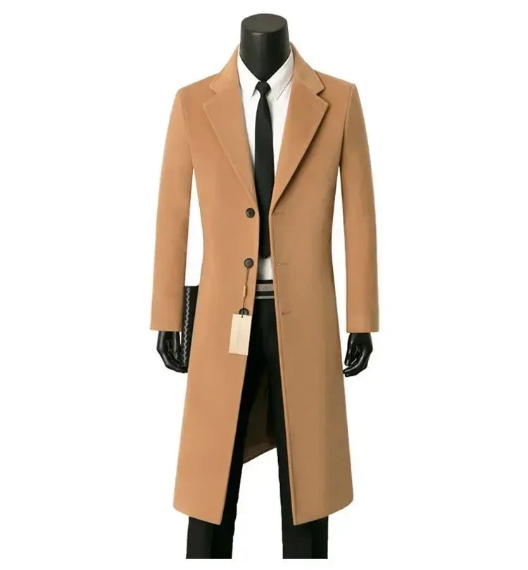 Men's Medium Length Woolen Coat, Business Casual  Warm Windbreaker, Suit Collar, Dad, Autumn, Winter