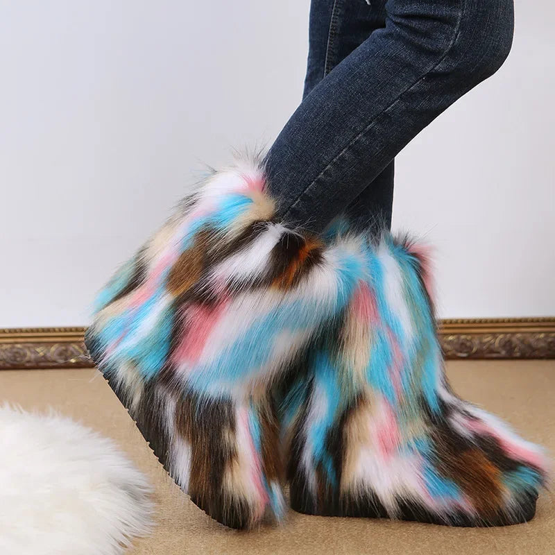 Fashionable Colored Plush Snow Boots Women Winter New Fox Long Hair Comfortable Cotton Shoes Anti Slip Wear-resistant Flat Shoes
