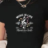 MUSIC IS LIFE Women's Fashion Short T-Shirt Slim Fit Y2K Style with Printed Pattern Knitted Fabric