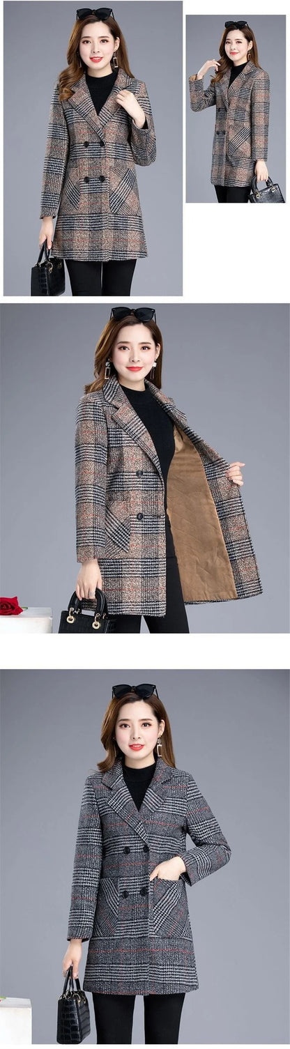 2025 Woolen Coat Women's Autumn Winter Middle-aged Plaid Woolen Blended Coat Elegant Slim Women Jacket Outerwear Overcoat Female