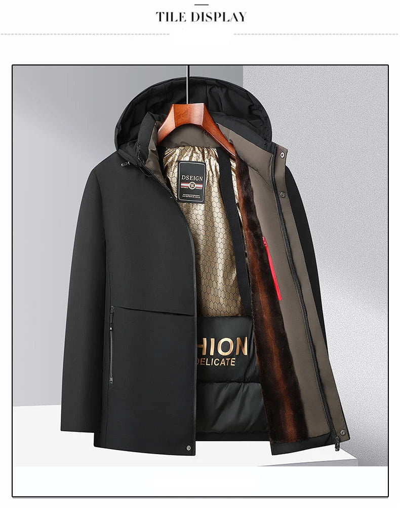 Men Winter Thick Warm Parka Coat Fleece Inside Male Solid Color Hooded Thick Jacket  Men's Middle Long Coat Size