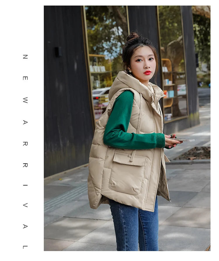 Women's Autumn Hooded Vest Coat 2025 New Short Down Cotton Padded Jacket Sleeveless Female Winter Waistcoat Warm Snow Wear Vests
