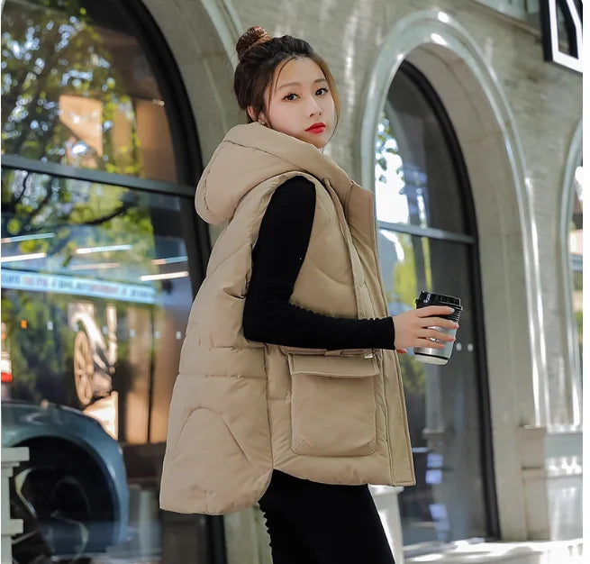 Women's Autumn Hooded Vest Coat 2025 New Short Down Cotton Padded Jacket Sleeveless Female Winter Waistcoat Warm Snow Wear Vests