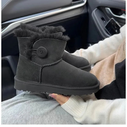 One button low cut, high-end quality 2-in-1 genuine leather, real wool, sheepskin fashionable and warm chestnut thick snow boots